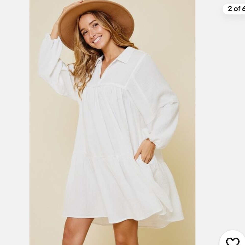 Ces Femme Johnny Collar Balloon Sleeve Gauzy Cotton Mini Dress in White